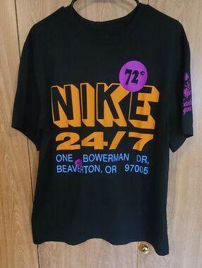 Nike 24/7 Black Graphic Tee with Orange, Blue & Purple Print Dri Fit